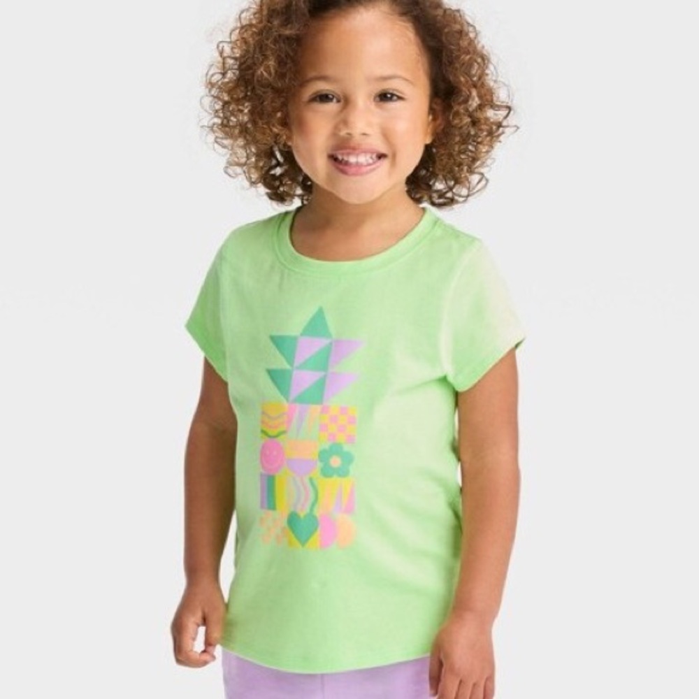 CAT &‎ JACK Neon Lime Green Graphic Tee Cap Sleeves, 2T